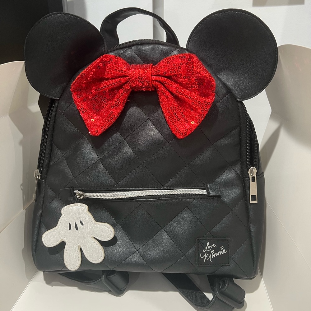 Disney Minnie Mouse Quilted Black Backpack with Red Sequin Bow